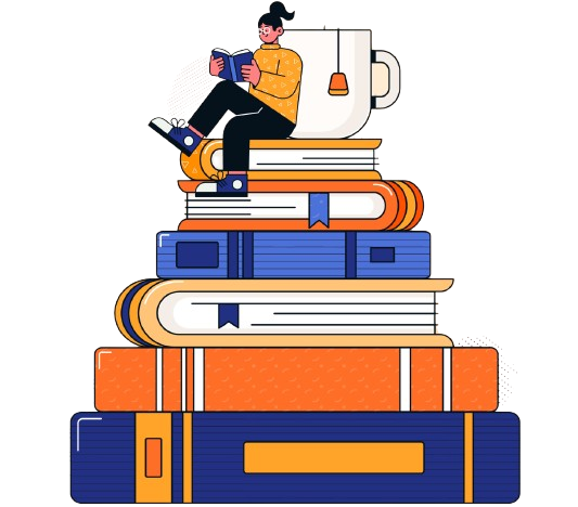 A woman works on her computer, focused, with a bookshelf filled with books in the background.