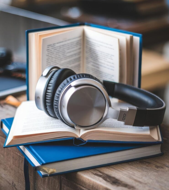 Headphones resting on a stack of books atop a wooden table, creating a cozy study atmosphere.
